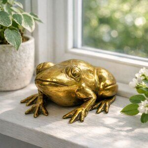 Vintage Solid Brass Frog Figurine Paperweight 5" Long Decorative Accent